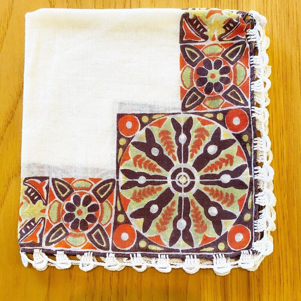 Vintage Handkerchief Printed Geometric Pattern Orange Green Brown Crochet Edge